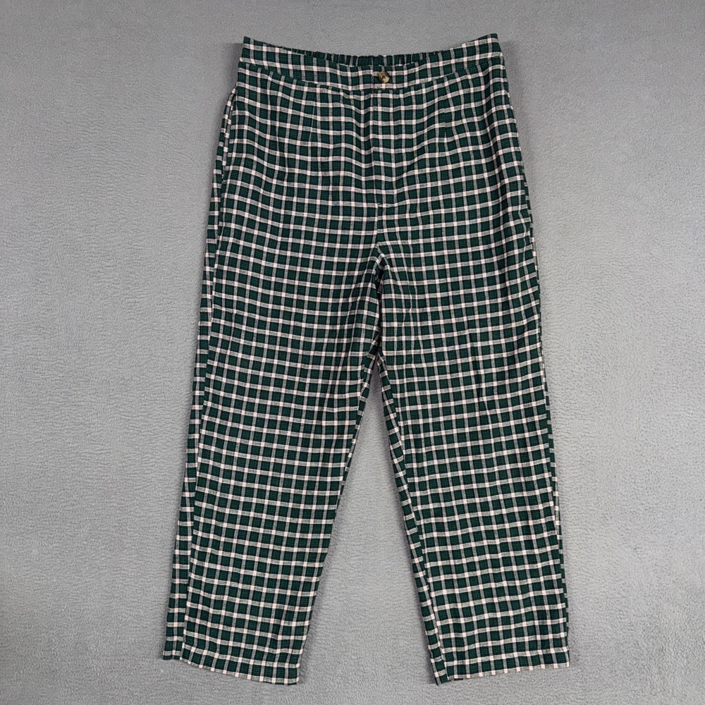 American Eagle Pants Womens Large Green Plaid Straight Leg Cotton Linen Blend